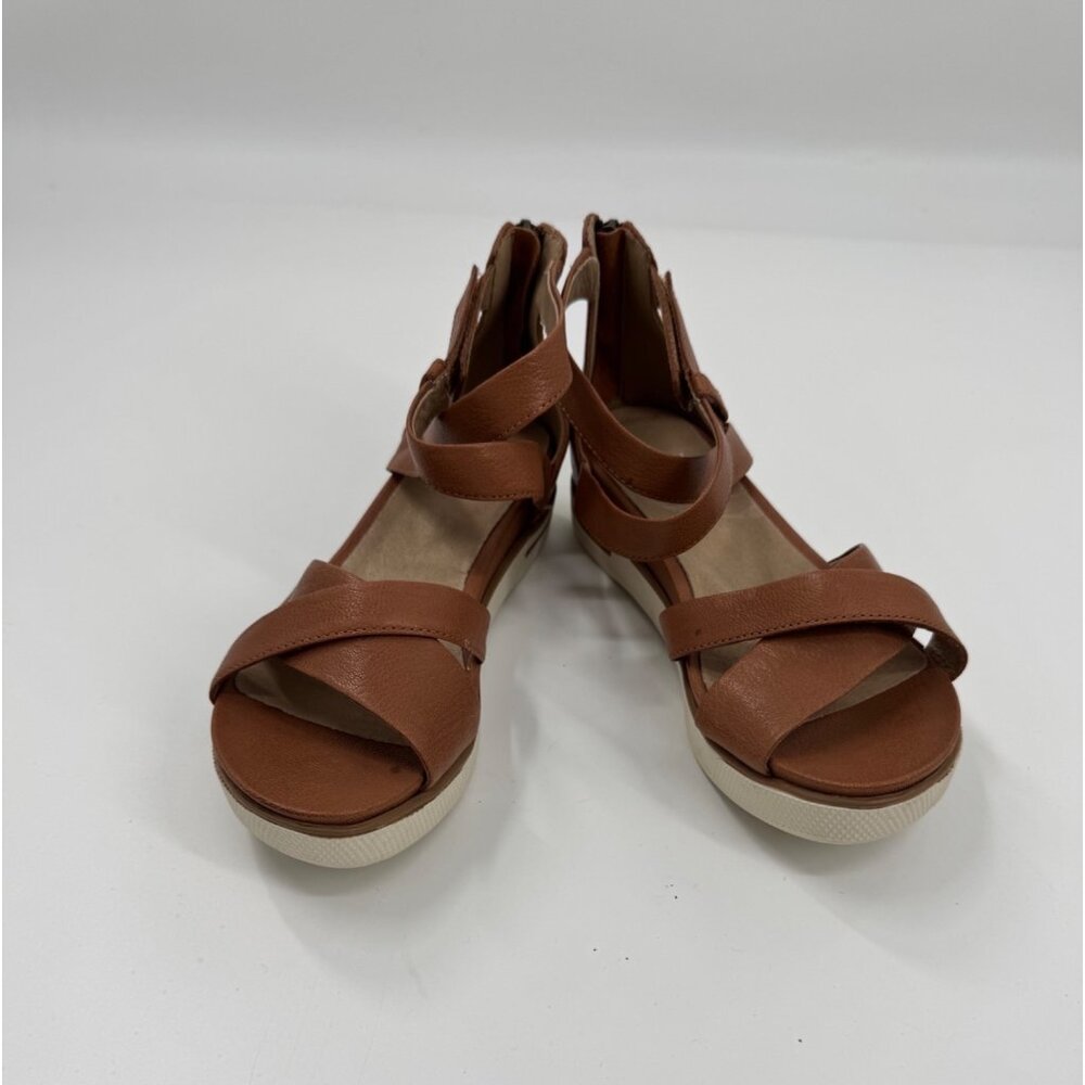 Eileen Fisher Sally  Wedge Brown Leather Strappy Sandals With Ankle Strap & Zip